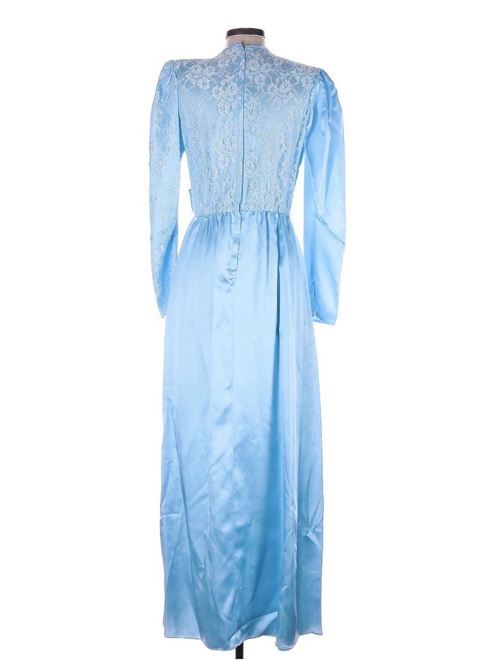 Vintage 70s Sky Blue Satin & Lace Long Sleeve Gown, Sz 10/12 - Picture 2 of 3